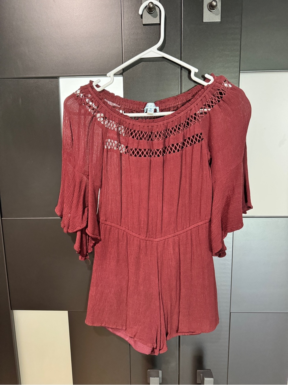 She + Sky Burgundy Off-Shoulder Crochet Yoke Tunic Romper